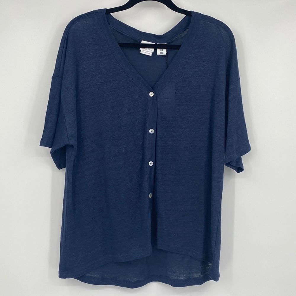 H Halston Navy Blue Linen Button Up Short Sleeve Shirt